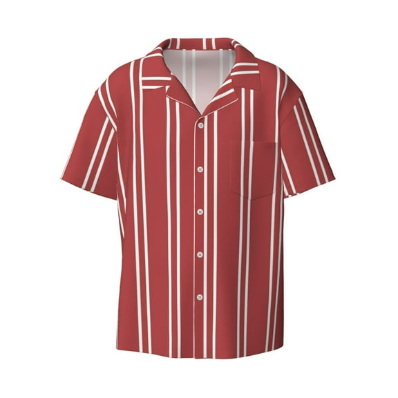 Naloa Stripes Red White Men's Loose Fit Cuban Collar Short-Sleeve Shirt with Button-down and Chest Pocket for Everyday Wear Outings - 3X-Large