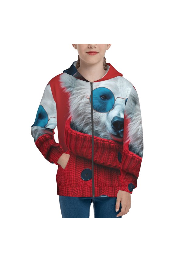 Stylish Polar Bear Sunglasses Teenage Zipper Hoodie, Long Sleeve Zip Up Hoodies Casual Jackets Tops for 7-12 Years-Small