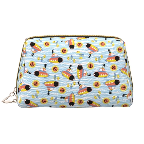 Naloa Submarine With Fishes Undersea Leather Makeup Bag for Purse Travel, Portable Small Cosmetic Organizer for Women and Girls, Make up Bag with Zipper