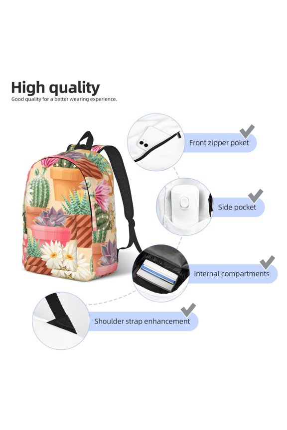 Succulent And Cactus Print Durable Canvas College Rucksack,Laptop Excursion Backpack,Travel Notebook School Backpack,Bookbag For Men Women