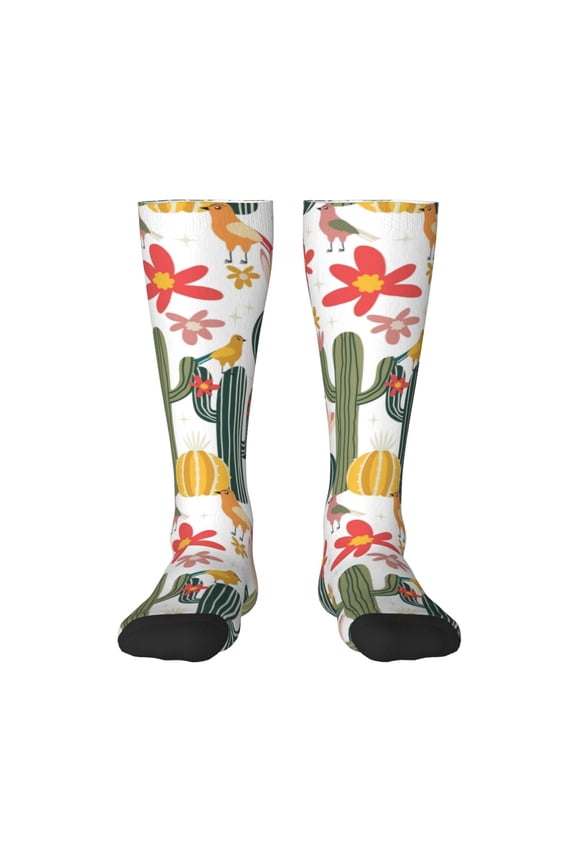 Summer Cactus With Blooming Thigh High Socks Extra Long Stretchy Sock Women Over Knee High Opaque Stocking Daily Wear