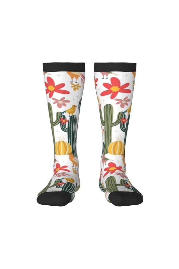 Summer Cactus With Blooming Thigh High Socks Extra Long Stretchy Sock Women Over Knee High Opaque Stocking Daily Wear