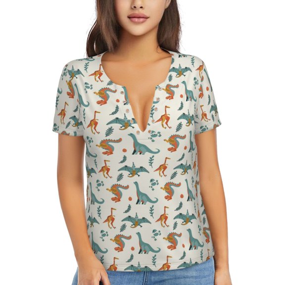 Naloa Summer Dinosaur Print T-Shirts Short Sleeve V Neck Tees for Women Fashion Tops Trendy Lightweight Soft Casual Summer Outfits Clothes