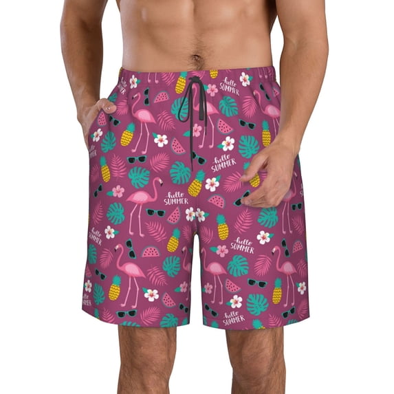 Naloa Summer Flamingo Men's Beach Shorts, Surfing shorts, Swim trunks, Quick Dry Swim Trunks for Surfing Beach Fun - Small