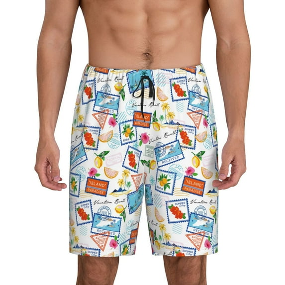 Naloa Summer Stamp Men's Short Pajama Pants, Lounge Comfort Shorts with Elasticized Waistband and Side Pockets - Small