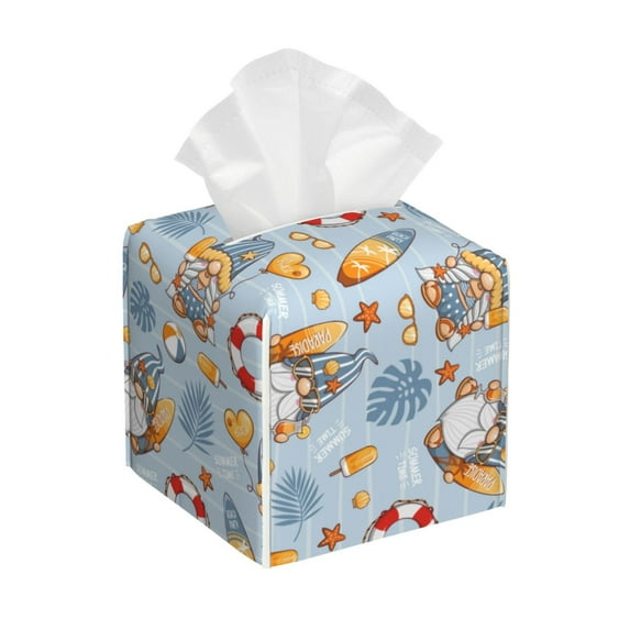 Naloa Summer Time With Gnome Tissue Box CoverLeather Tissue Holder Square Facial Tissue Case Facial Paper Organizer Dispenser for Bathroom, Vanity Countertop, Tabletop, Car