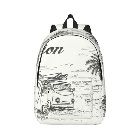 Naloa Summer Vacation Scene With Camping Van Canvas Backpack for Men Women Rucksack Casual Travel Daypack College Tote Satchel Bookbag for Teens-Small