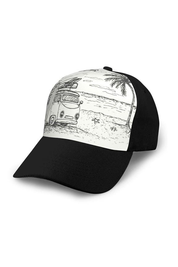 Summer Vacation Scene With Camping Van Adult adjustable Print Baseball Hat, Patchwork curved brim baseball capfor Men and Women, One Size