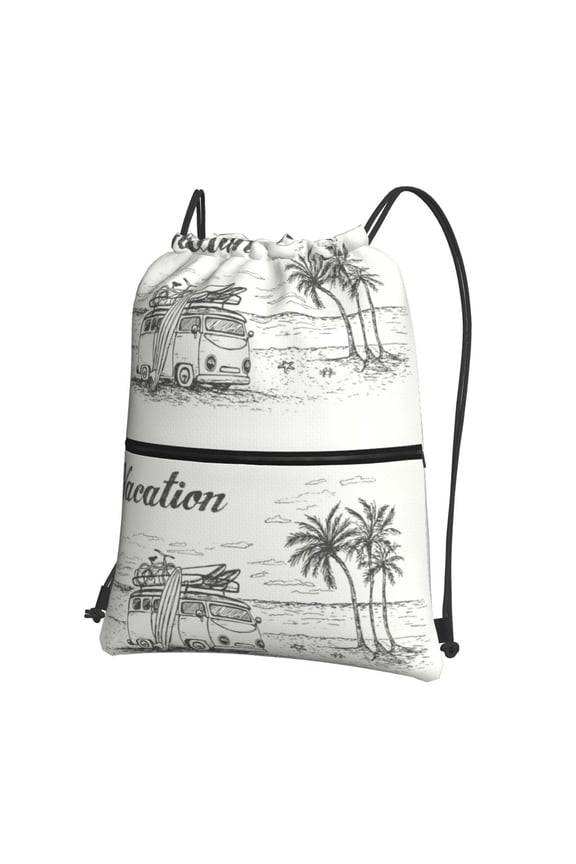 Summer Vacation Scene With Camping Van Drawstring Backpack String Bag Cinch Water Resistant for Gym Shopping Sport Yoga