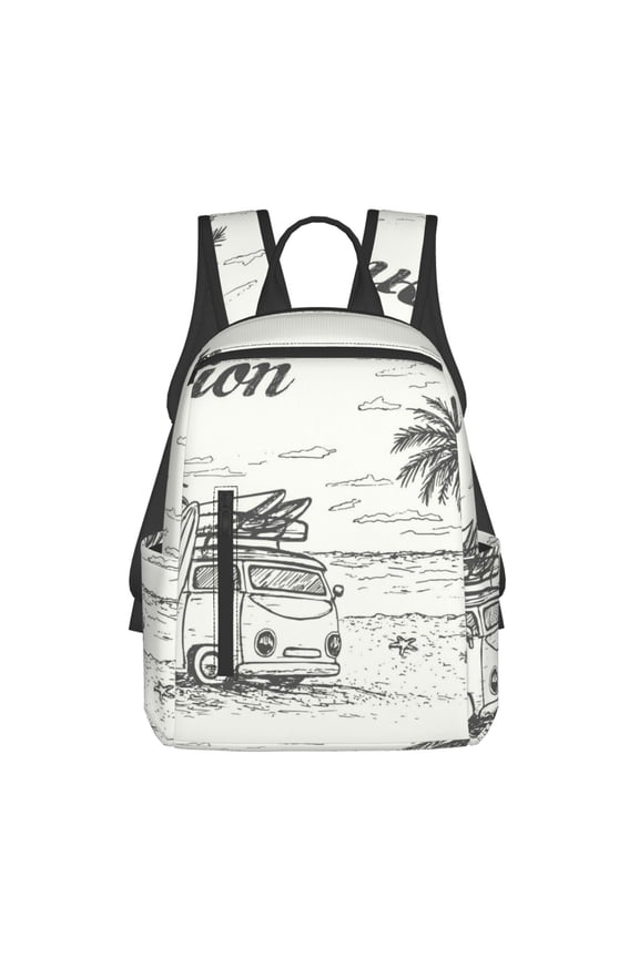 Summer Vacation Scene With Camping Van Print Lightweight DayBackpack Suitable for school, work, shopping, travel, etc.