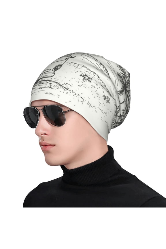 Summer Vacation Scene With Camping Van Soft Beanie Hat, Knit Beanie Daily Beanie in Fine Knit for Women Men Winter Travel, Outdoor