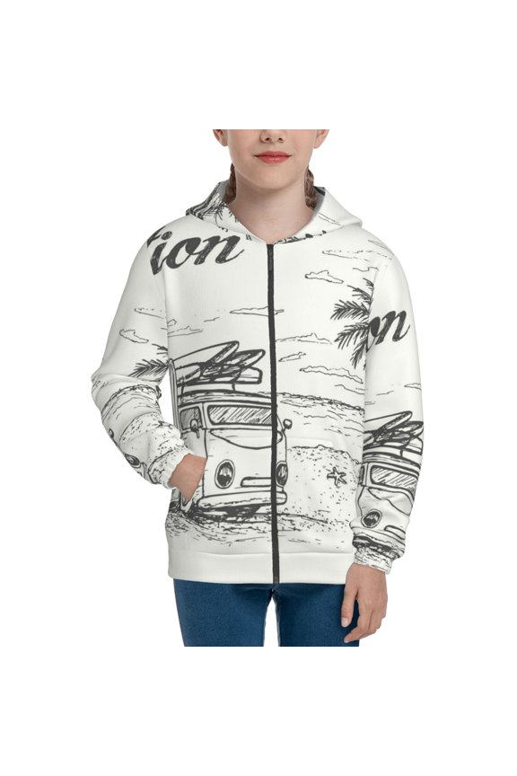 Summer Vacation Scene With Camping Van Teenage Zipper Hoodie, Long Sleeve Zip Up Hoodies Casual Jackets Tops for 7-12 Years-Small