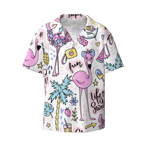 Naloa Summer with Flamingo Men's Loose Fit Cuban Collar Short-Sleeve Shirt with Button-down and Chest Pocket for Everyday Wear Outings - Large