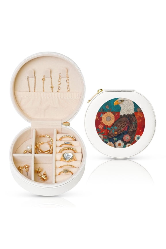 Sunflower Bald Eagle Round Jewelry Box, Travel Jewelry Organizer, 3.9 x 3.9 x 2in Jewelry Storage Box for Women-White