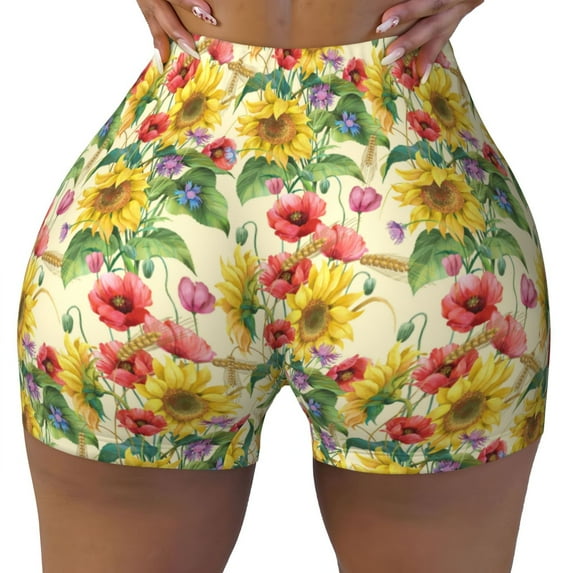 Naloa Sunflower Cornflower Poppy Biker Shorts for Women Seamless Scrunch Short Women’s Yoga Shorts for Gym Running Sport Shorts - XX-Large