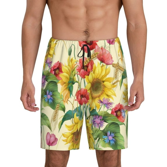 Naloa Sunflower Cornflower Poppy Men's Short Pajama Pants, Lounge Comfort Shorts with Elasticized Waistband and Side Pockets - 4X-Large