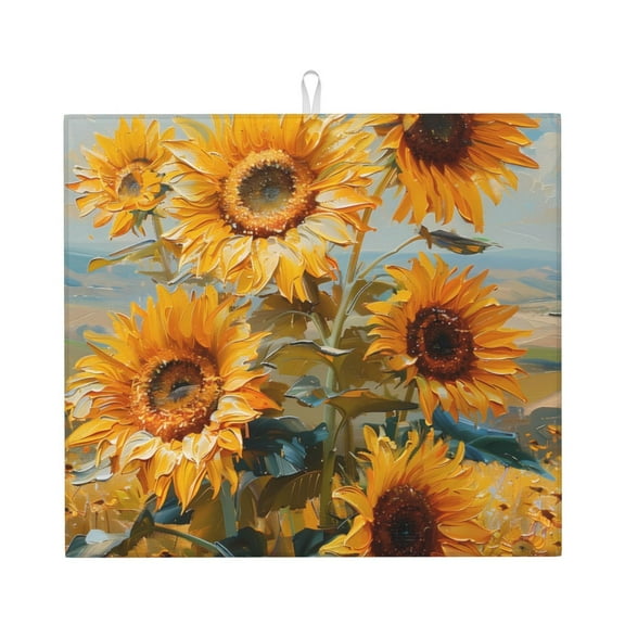 Naloa Sunflower Field Art Dish Drying Mat for Kitchen Counter, Heat Resistant Drainer Mats, Absorbent Draining Mat,Dish Rack Pad,16"x18"
