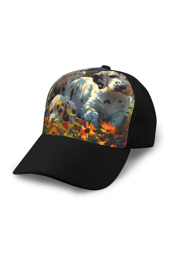 Sunflower Field Spotted Dog Adult adjustable Print Baseball Hat, Patchwork curved brim baseball capfor Men and Women, One Size