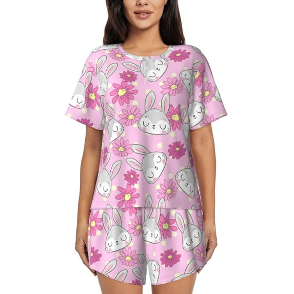 Naloa Sunflower Rabbit Women's Short-Sleeved Pajama Set, Loungewear, Summer pajamas, Breathable Cozy - Medium