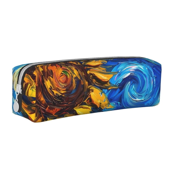 Naloa Sunflower Starry Night Vibes Leather Pencil Case, Makeup Pouch, Zipper Pouch for Daily Essentials, Storage Organizer, Cosmetics and Stationary Bag