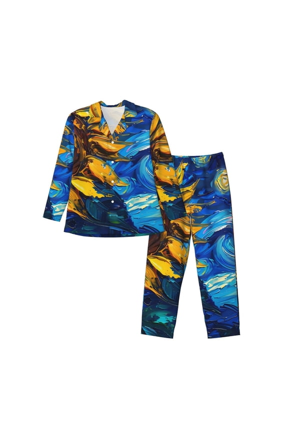 Sunflower Starry Night Vibes Men’s Pajamas Set - Long Sleeve Button Down Sleep Shirt and Pajama Bottoms Sleepwear Set-Large