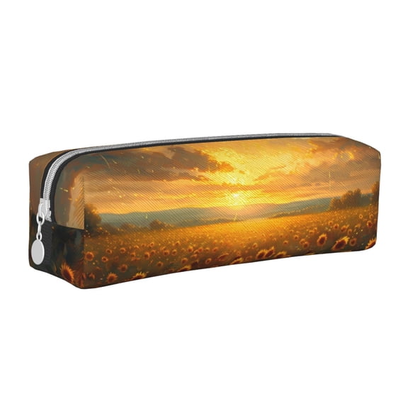 Naloa Sunflower Sunset Rainfall Leather Pencil Case, Makeup Pouch, Zipper Pouch for Daily Essentials, Storage Organizer, Cosmetics and Stationary Bag