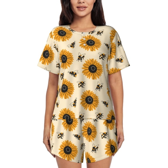 Naloa Sunflowers And Bee Women's Short-Sleeved Pajama Set, Loungewear, Summer pajamas, Breathable Cozy - XX-Large
