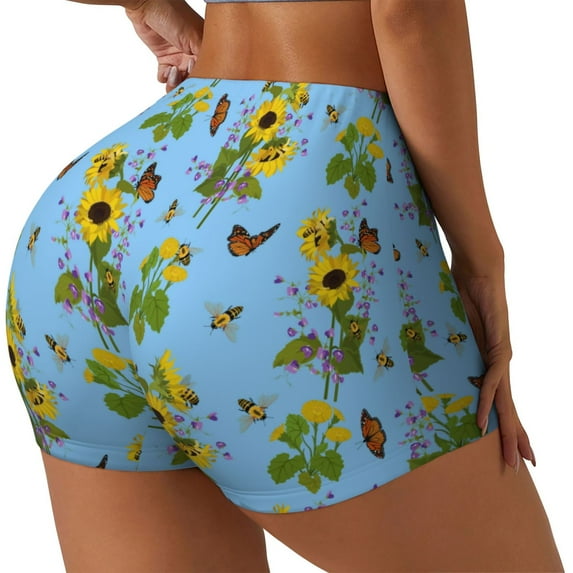 Naloa Sunflowers And Bees Biker Shorts for Women Seamless Scrunch Short Women’s Yoga Shorts for Gym Running Sport Shorts-Medium