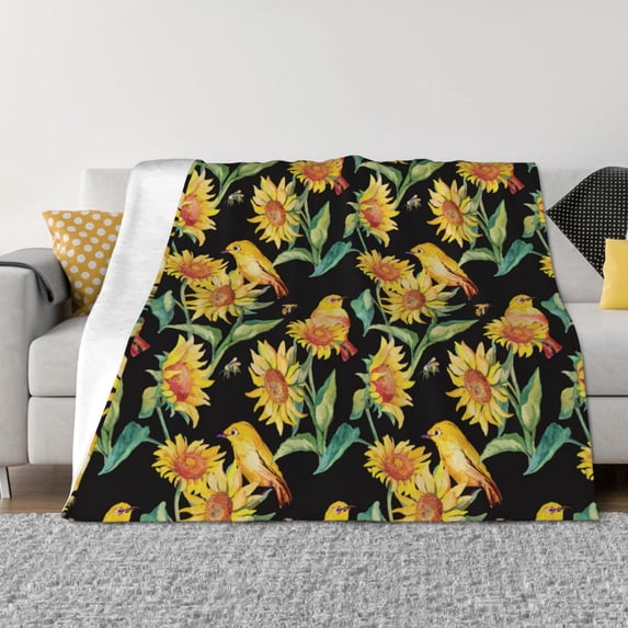 Naloa Sunflowers And Bird Flannel Blankets - Thick and Warm Blanket for Winter, Soft Fuzzy Plush King Blanket for All Seasons80"x60"
