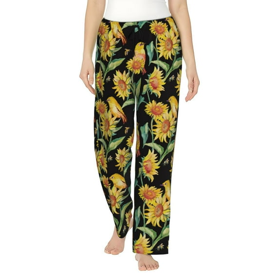 Naloa Sunflowers And Bird Print Women’s Ultra-Soft Comfy Pajama Lounge Pants with Pockets & Drawstring