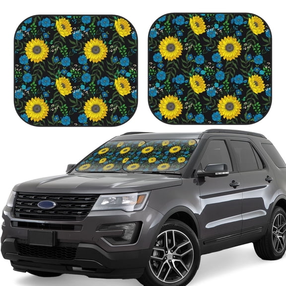 Naloa Sunflowers And Blue Flower Print 2-Piece Windshield Sunshade,Foldable Car Front Window Sun Shades,for Most Sedans SUV Truck-Large