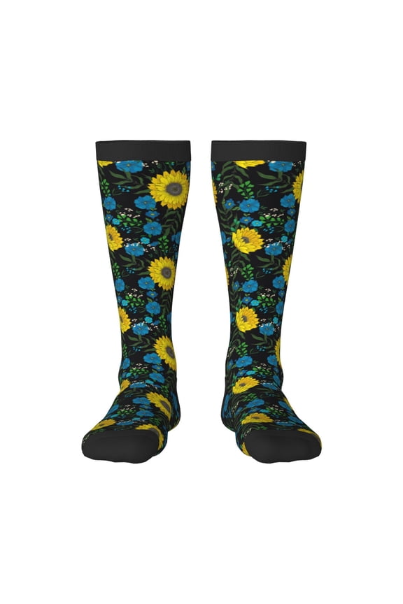 Sunflowers And Blue Flower Thigh High Socks Extra Long Stretchy Sock Women Over Knee High Opaque Stocking Daily Wear