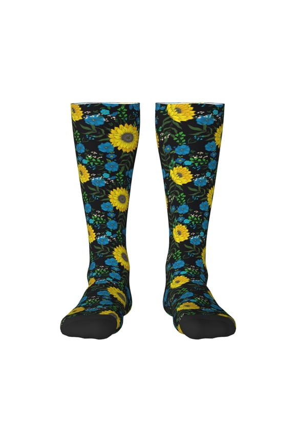 Sunflowers And Blue Flower Thigh High Socks Extra Long Stretchy Sock Women Over Knee High Opaque Stocking Daily Wear