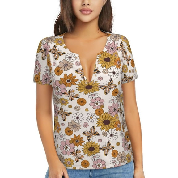 Naloa Sunflowers And Butterflies Print T-Shirts Short Sleeve V Neck Tees for Women Fashion Tops Trendy Lightweight Soft Casual Summer Outfits Clothes