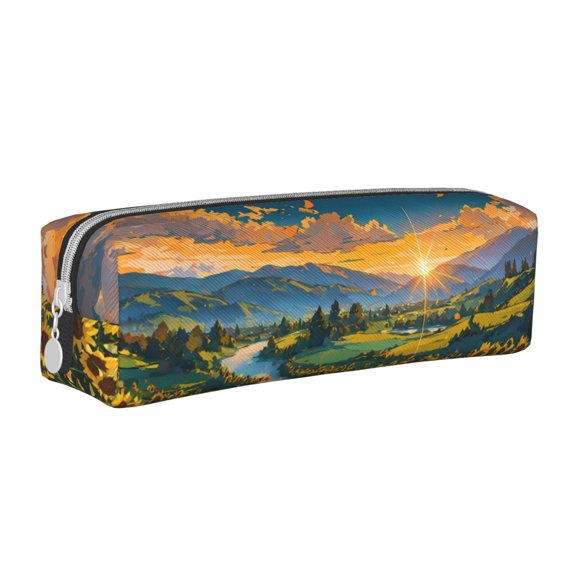 Naloa Sunflowers At Sunset Leather Pencil Case, Makeup Pouch, Zipper Pouch for Daily Essentials, Storage Organizer, Cosmetics and Stationary Bag