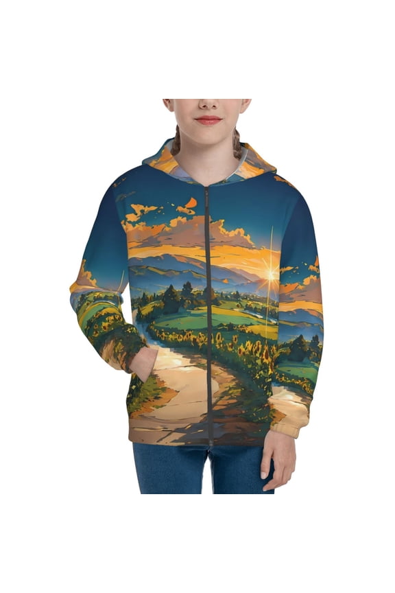 Sunflowers At Sunset Teenage Zipper Hoodie, Long Sleeve Zip Up Hoodies Casual Jackets Tops for 7-12 Years-Medium