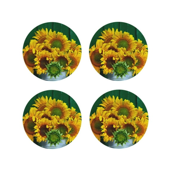 Naloa Sunflowers in Bucket Leather Coasters for Drinks, Durable Drink Coasters 4 Set for Tabletop Protection, Luxurious Home Décor and Housewarming Gift ( {designName})Round Shape