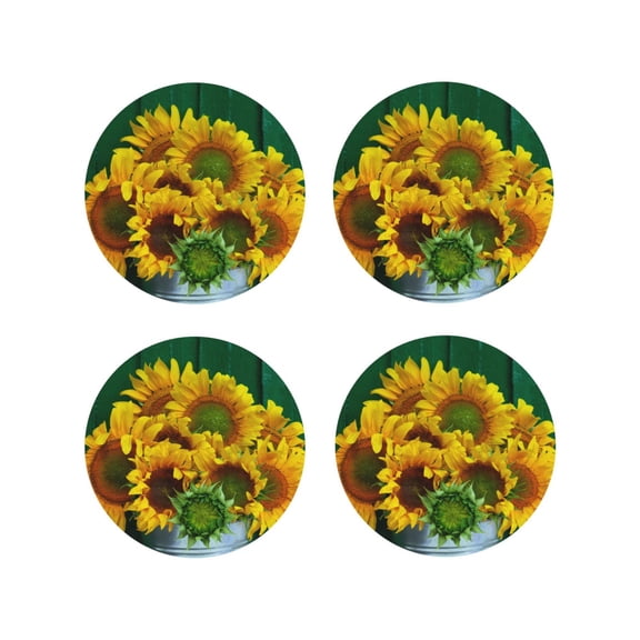 Naloa Sunflowers in Bucket Leather Coasters for Drinks, Durable Drink Coasters 4 Set for Tabletop Protection, Luxurious Home Décor and Housewarming Gift ( {designName})Round Shape