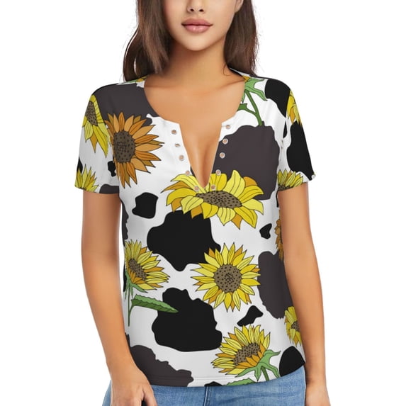 Naloa Sunflowers Country Print T-Shirts Short Sleeve V Neck Tees for Women Fashion Tops Trendy Lightweight Soft Casual Summer Outfits Clothes