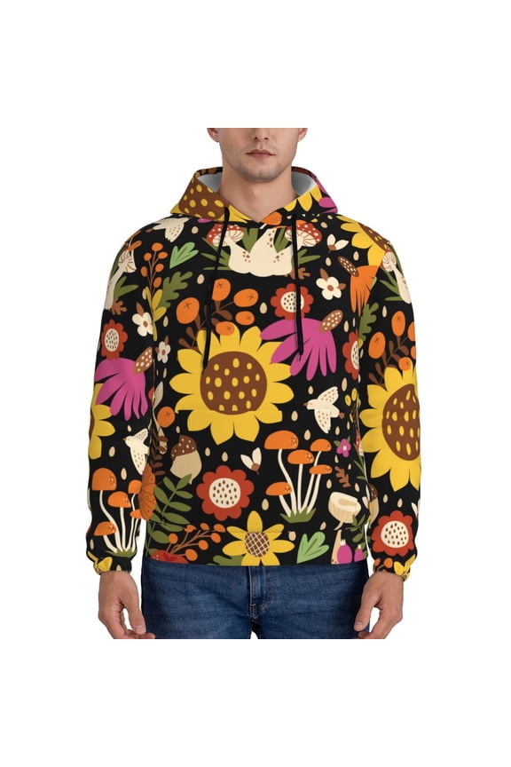 Sunflowers Mushrooms Men's Casual Hooded Collar Drawstring Hoodies Pullover Sweatshirts Casual Long Sleeve Shirts-3X-Large