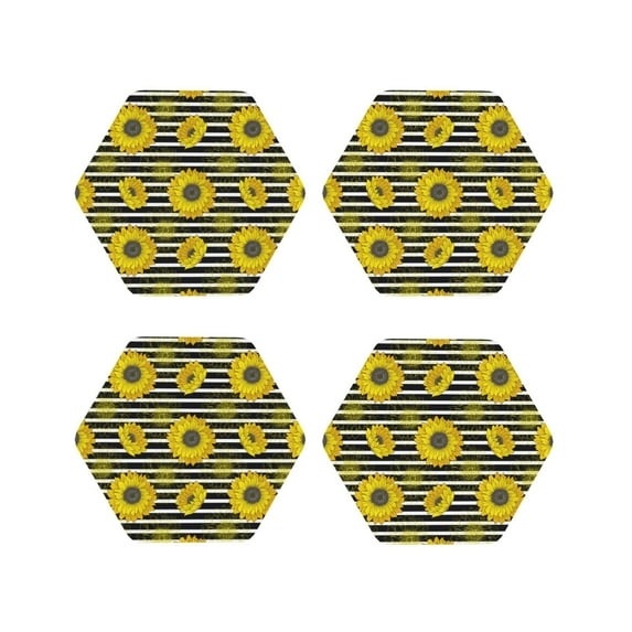 Naloa Sunflowers On Black And White Stripes Leather Coasters for Drinks, Durable Drink Coasters 4 Set for Tabletop Protection, Luxurious Home Décor and Housewarming Gift ( {designName})Hexagon
