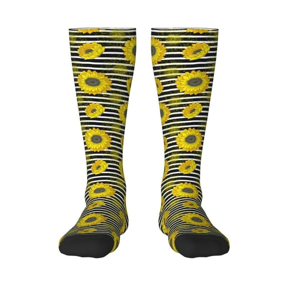 Naloa Sunflowers On Black And White Stripes Thigh High Socks Extra Long Stretchy Sock Women Over Knee High Opaque Stocking Daily Wear
