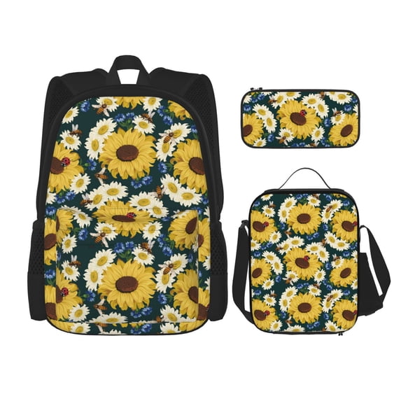 Naloa Sunflowers Print Large Capacity Backpack Lunch Bag Pencil Case Combination 3 Piece Set for Student