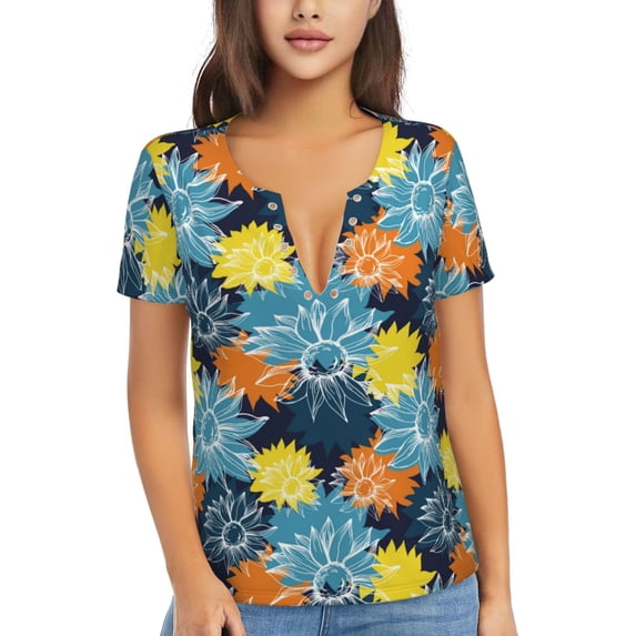 Naloa Sunflowers Print T-Shirts Short Sleeve V Neck Tees for Women Fashion Tops Trendy Lightweight Soft Casual Summer Outfits Clothes