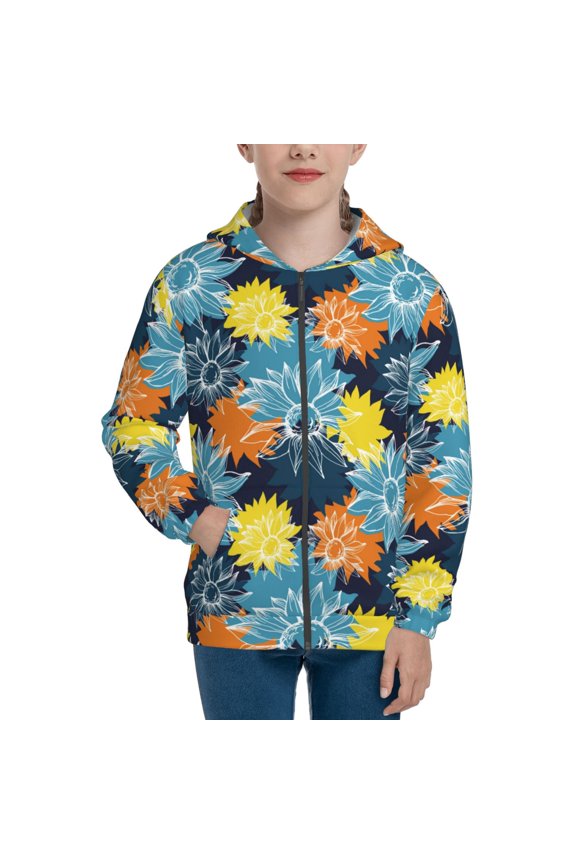 Sunflowers Teenage Zipper Hoodie, Long Sleeve Zip Up Hoodies Casual Jackets Tops for 7-12 Years-Medium