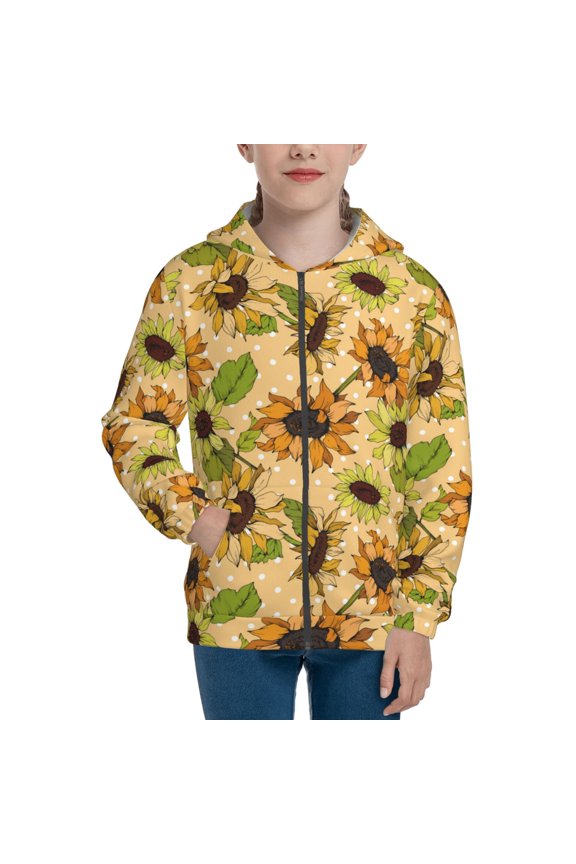 Sunflowers Teenage Zipper Hoodie, Long Sleeve Zip Up Hoodies Casual Jackets Tops for 7-12 Years-Medium