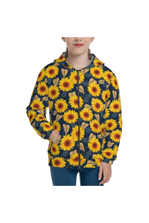 Sunflowers Teenage Zipper Hoodie, Long Sleeve Zip Up Hoodies Casual Jackets Tops for 7-12 Years-Medium