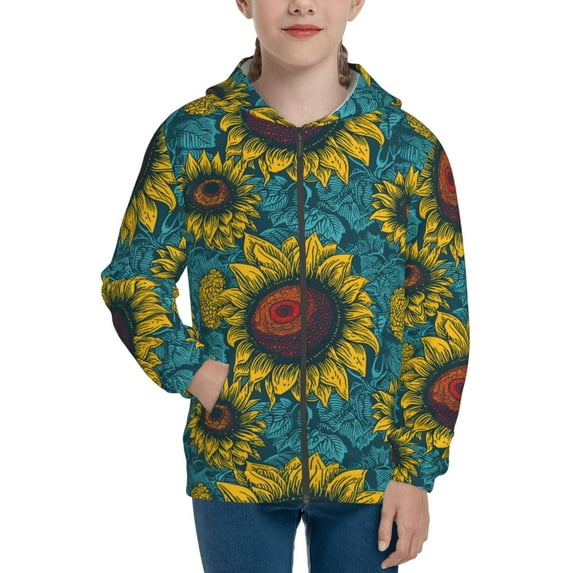 Naloa Sunflowers Teenage Zipper Hoodie, Long Sleeve Zip Up Hoodies Casual Jackets Tops for 7-12 Years-Medium