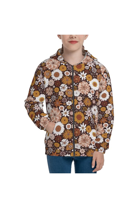 Sunflowers Teenage Zipper Hoodie, Long Sleeve Zip Up Hoodies Casual Jackets Tops for 7-12 Years-Small