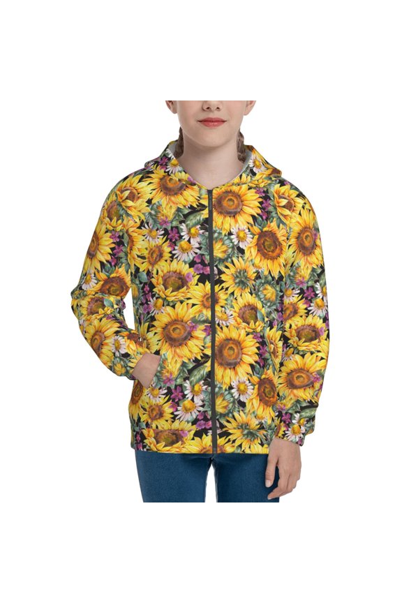 Sunflowers Vintage Teenage Zipper Hoodie, Long Sleeve Zip Up Hoodies Casual Jackets Tops for 7-12 Years-